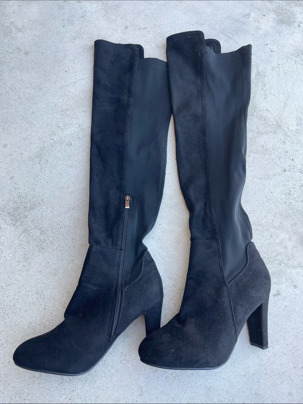 NEW Black Stretch Knee High Boots Size 8 (Fits Women’s 9) Block Heel Faux Suede
